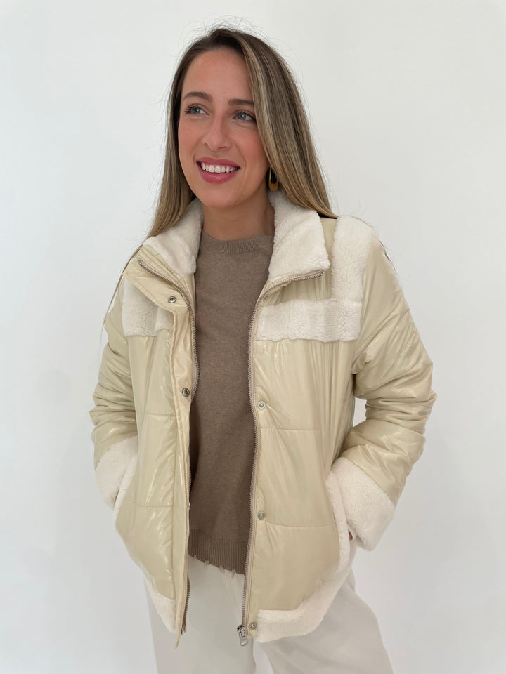 J Society Sherpa Trim Bomber Jacket in Vanilla available at Barbara Katz