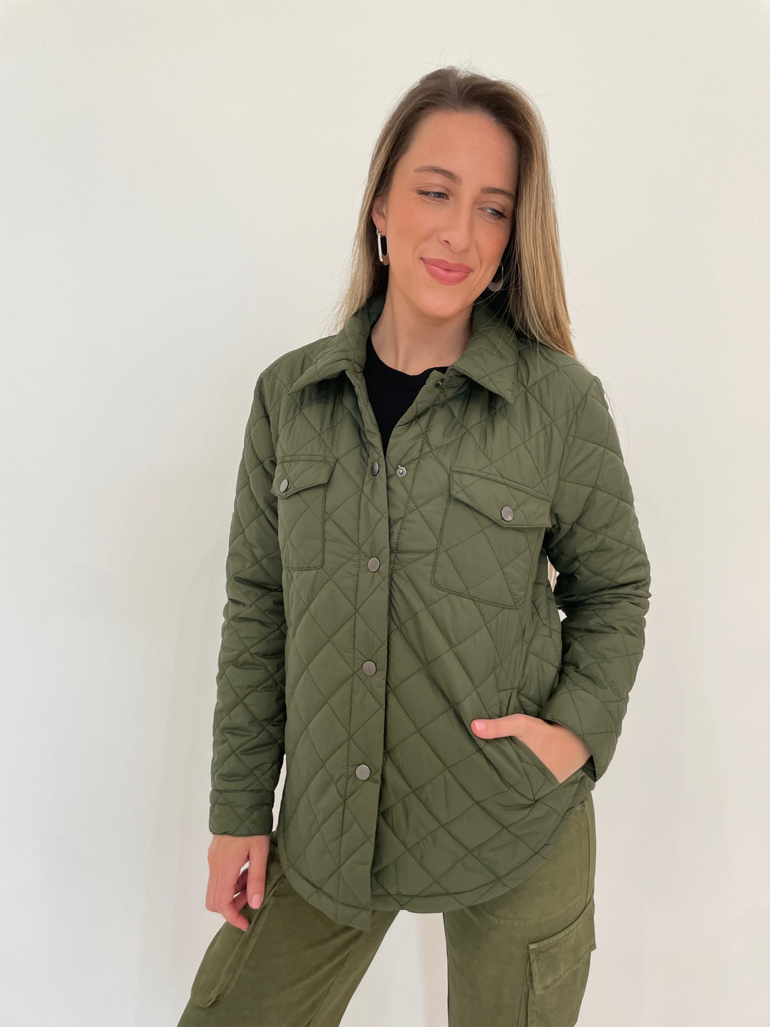 J Society Puffer Shirt Jacket in Military paired with Marrakech Gavyn Cargo Pants in Pine, Dean Davidson Silver Crosby Earrings available at Barbara Katz