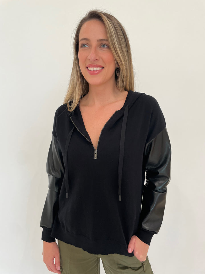 J Society Half-Zip Hooded Sweater in Black available at Barbara Katz