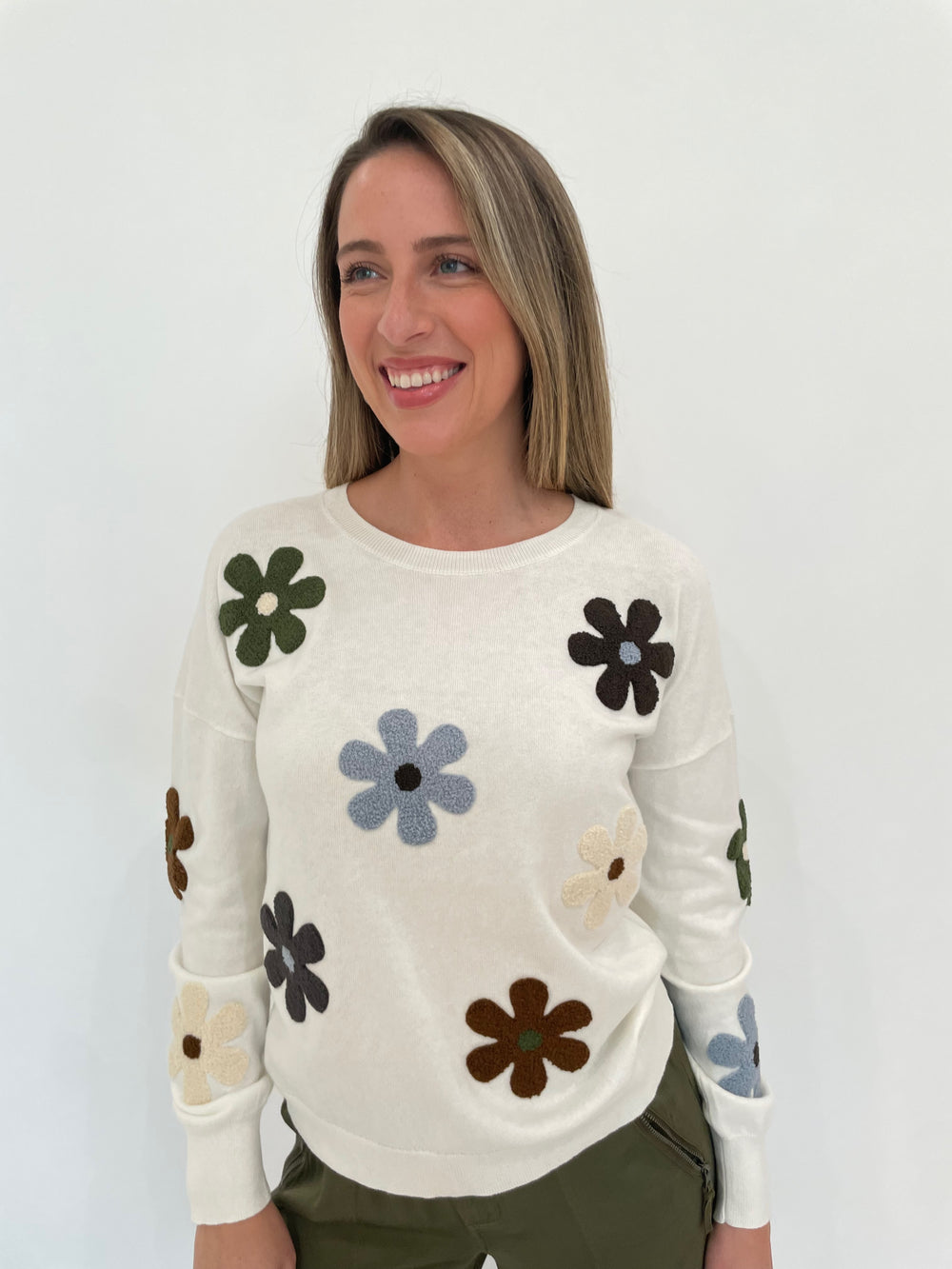 J Society Flower Crew Sweater in Chalk available at Barbara Katz