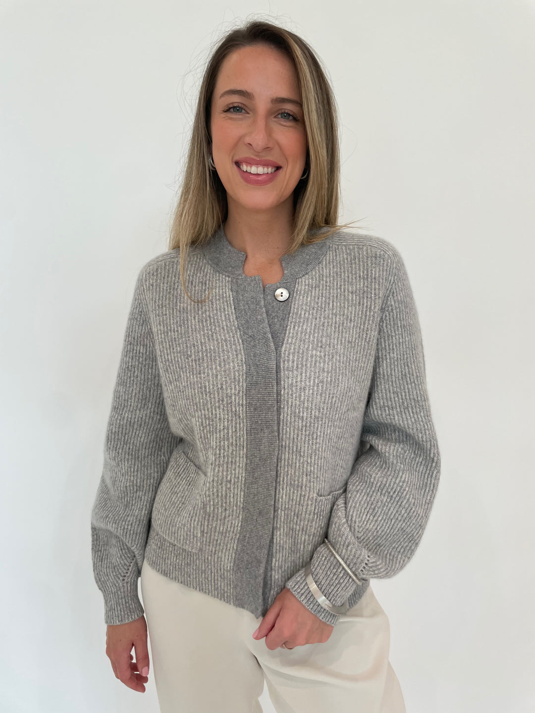 Repeat Bria Two-Tone Rib Knit Cardigan in Light Grey available at Barbara Katz