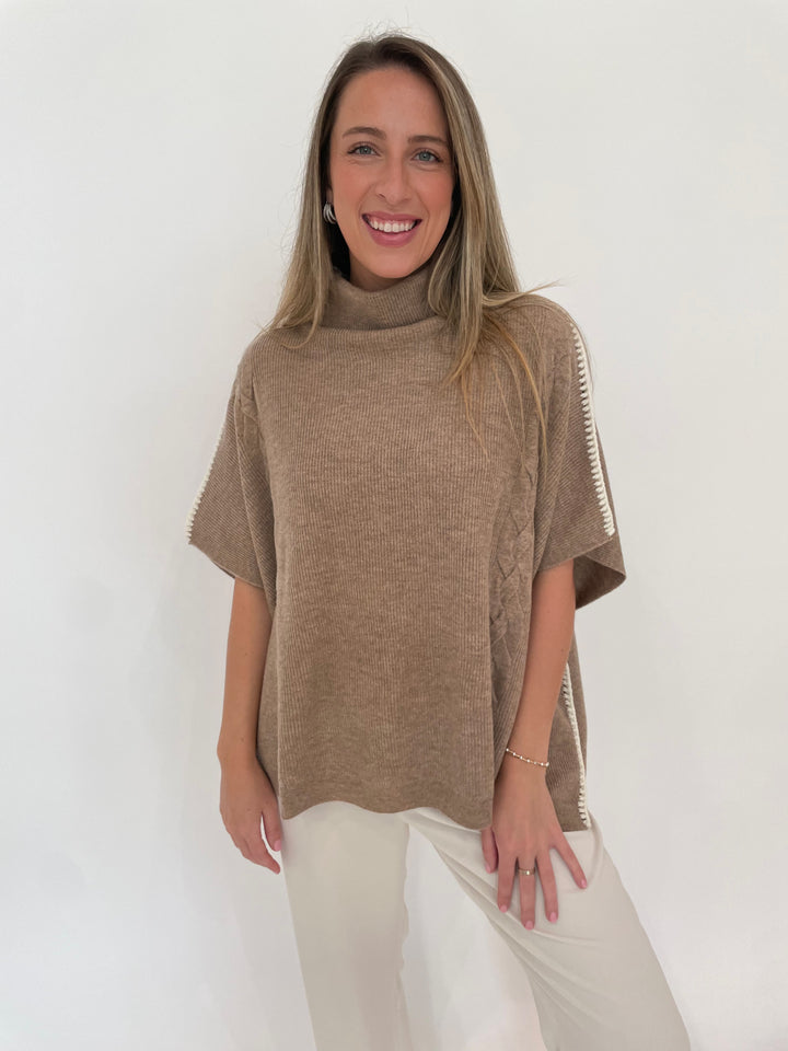 Repeat Sofia Crochet Cable Knit Wool Sweater in Taupe available at Barbara Katz