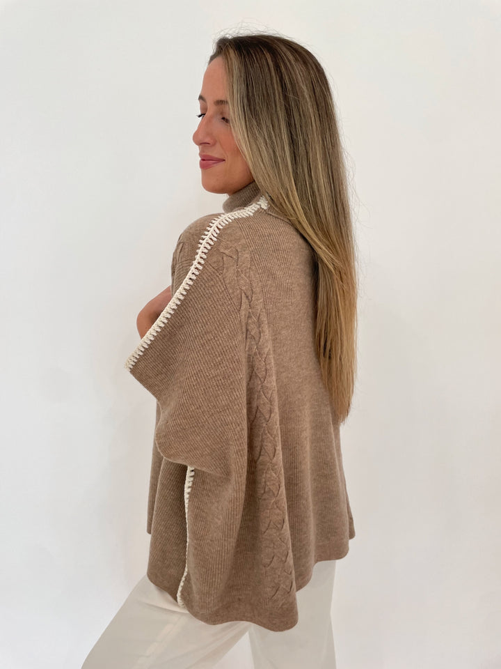 Repeat Sofia Crochet Cable Knit Wool Sweater in Taupe available at Barbara Katz