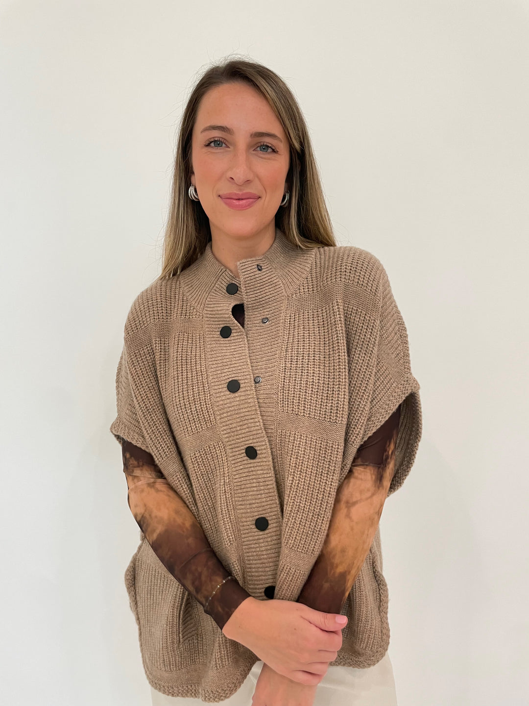 Repeat Camila Mixed Textured Knit Button Down Cardigan in Taupe with Dean Davidson Dauphine Pave Hoop Earrings in Silver available at Barbara Katz