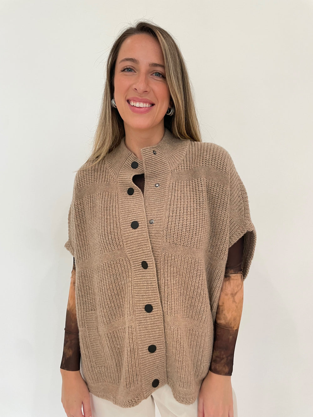 Repeat Mixed textured knit cashmere blend poncho with snap buttons in Taupe available at Barbara Katz