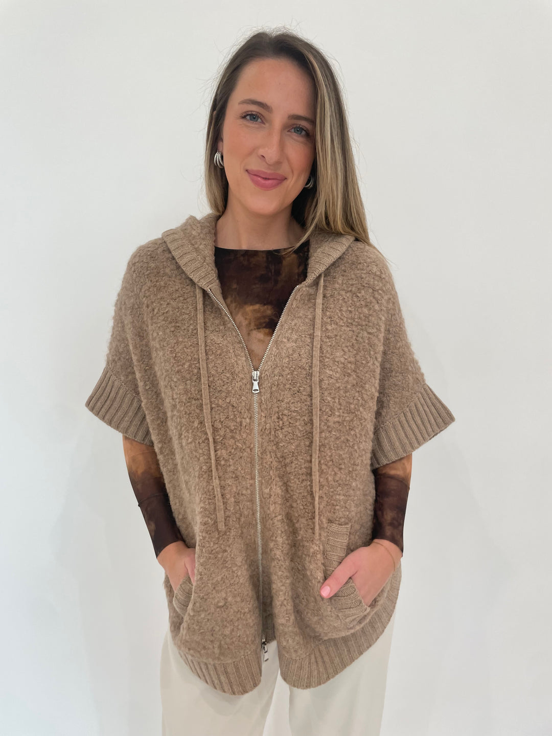 Repeat Maya Alpaca Wool Blend Zip-Up Cardi Hoodie in Beige available at Barbara Katz