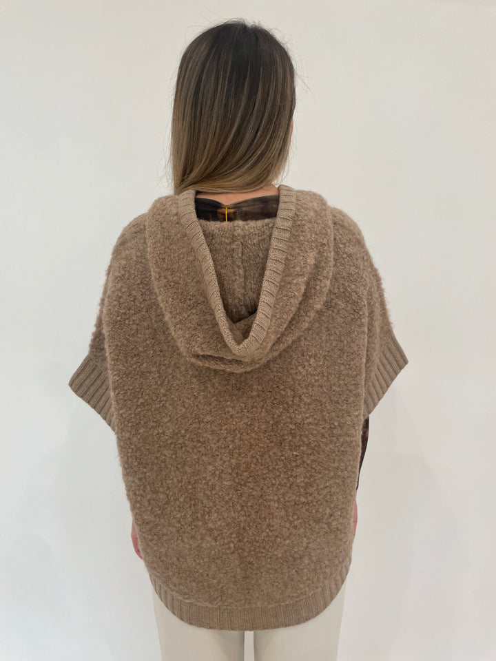 Repeat Maya Alpaca Wool Blend Zip-Up Hoodie Cardigan Poncho in Beige available at Barbara Katz