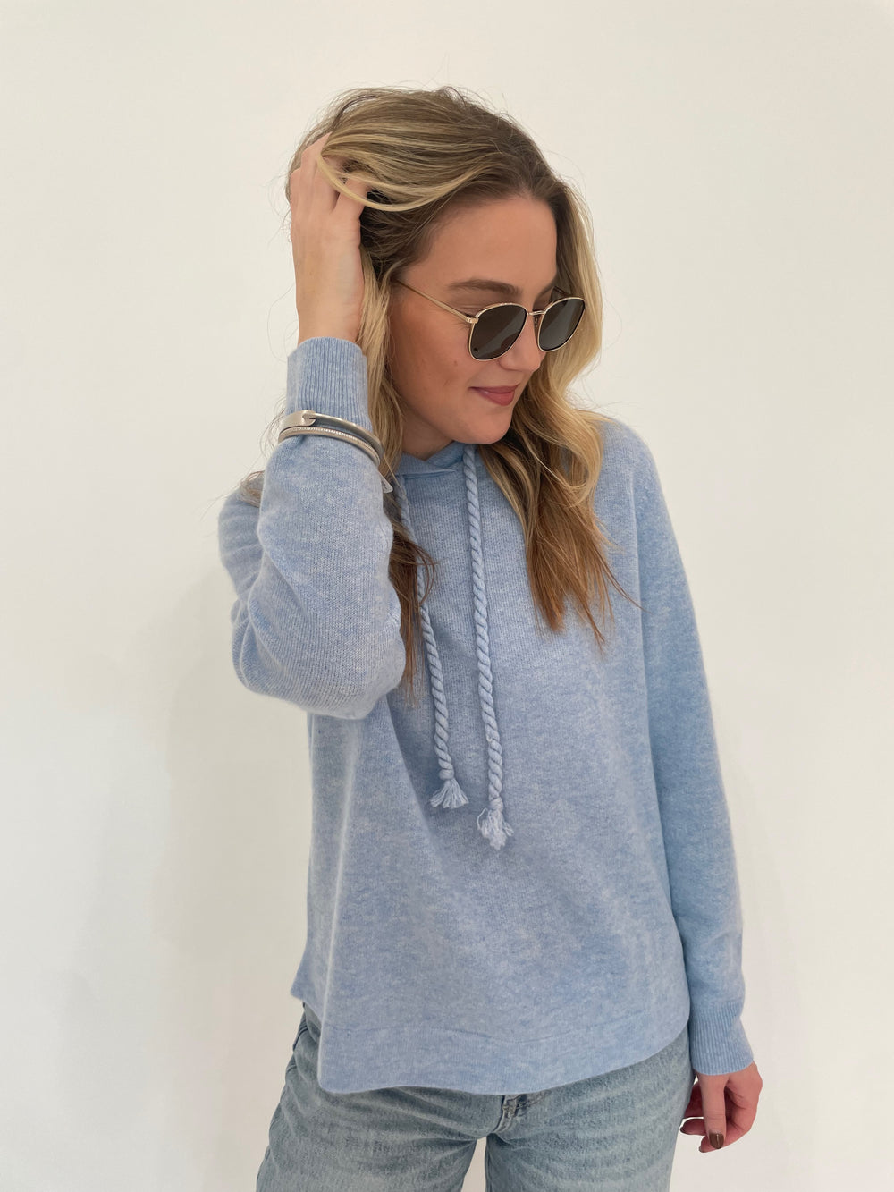 Repeat Layla Cashmere Hoodie Sweater With Twisted Drawstring in Sky available at Barbara Katz