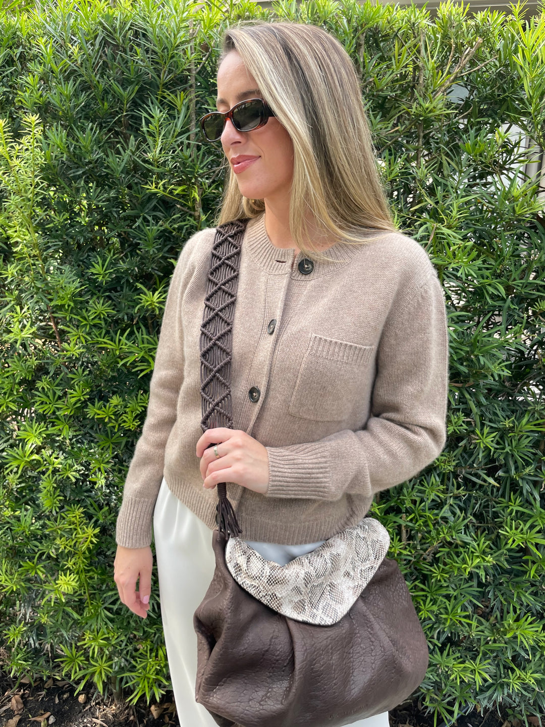 Repeat Dahlia Cropped Chunky Knit Cashmere Cardigan in Taupe  with Daniella Lehavi Miami Maxi Clutch in Choco Python, Le Specs Unreal! Sunglasses in Toffee Tort available at Barbara Katz