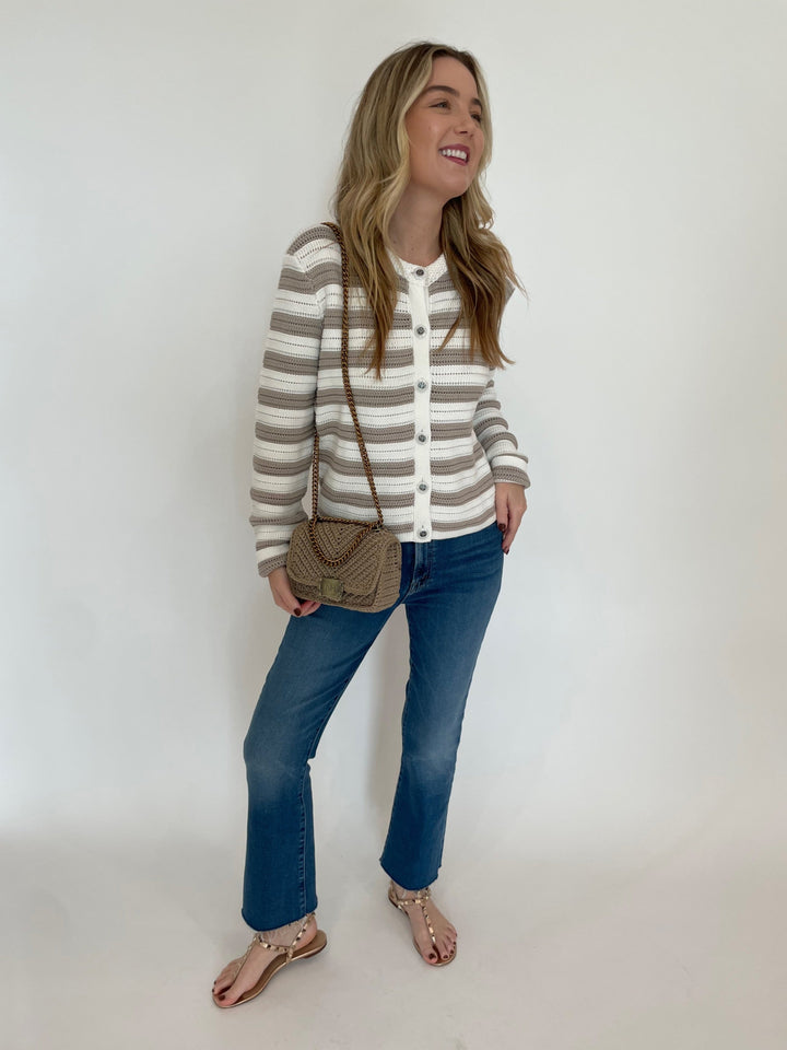 Autumn Cashmere Textured Stripe Jacket in Bleach White/Sand Dollar paired with Mother The Hustler Ankle Fray Jeans in Grasping At Straws, Noam Hazan Mini Milan Bag in Stone available at Barbara Katz