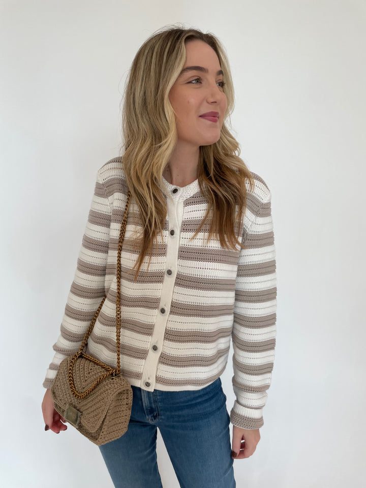 Autumn Cashmere Textured Stripe Jacket in Bleach White/Sand Dollar with Noam Hazan Mini Milan Bag in Stone available at Barbara Katz