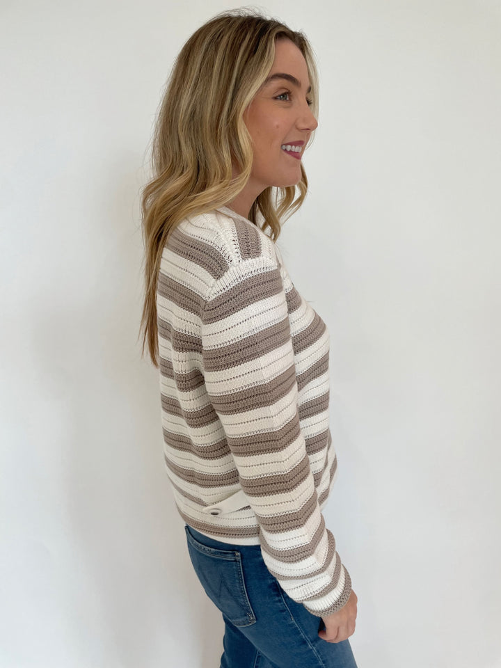 Autumn Cashmere Textured Stripe Long Sleeve Knit Jacket in Bleach White/Sand Dollar available at Barbara Katz