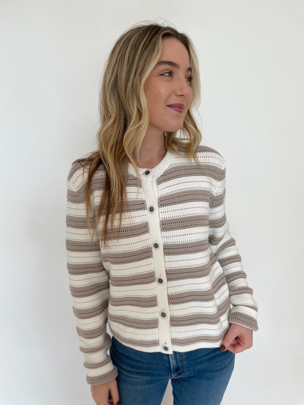 Autumn Cashmere Textured Stripe Jacket in Bleach White/Sand Dollar available at Barbara Katz