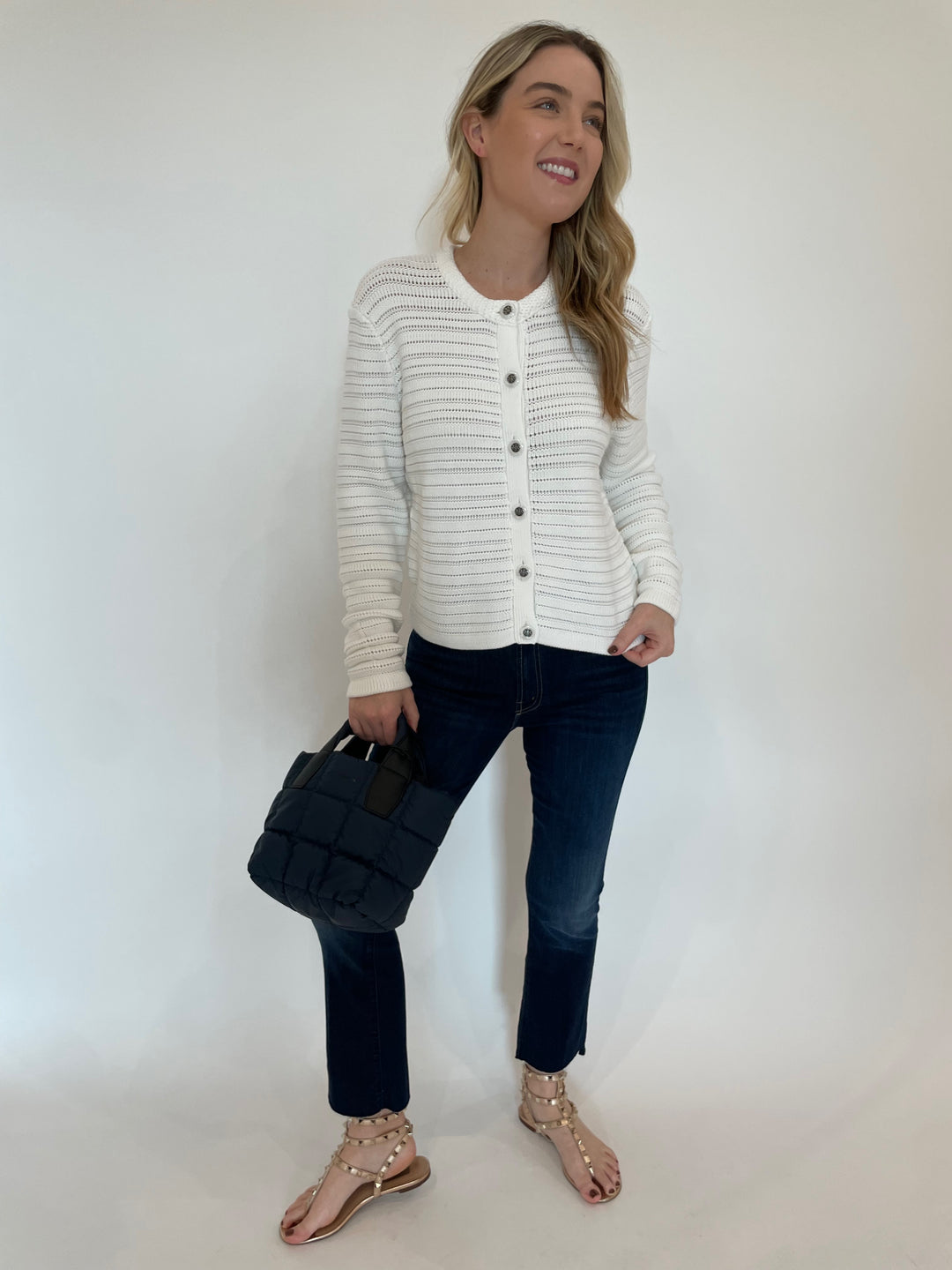 Autumn Cashmere Solid Textured Stripe Jacket in Bleach White paired with Mother The Insider Crop Step Fray Jeans in Off Limits, Vee Collective Porter Mini Tote Bag in Deep Sea available at Barbara Katz