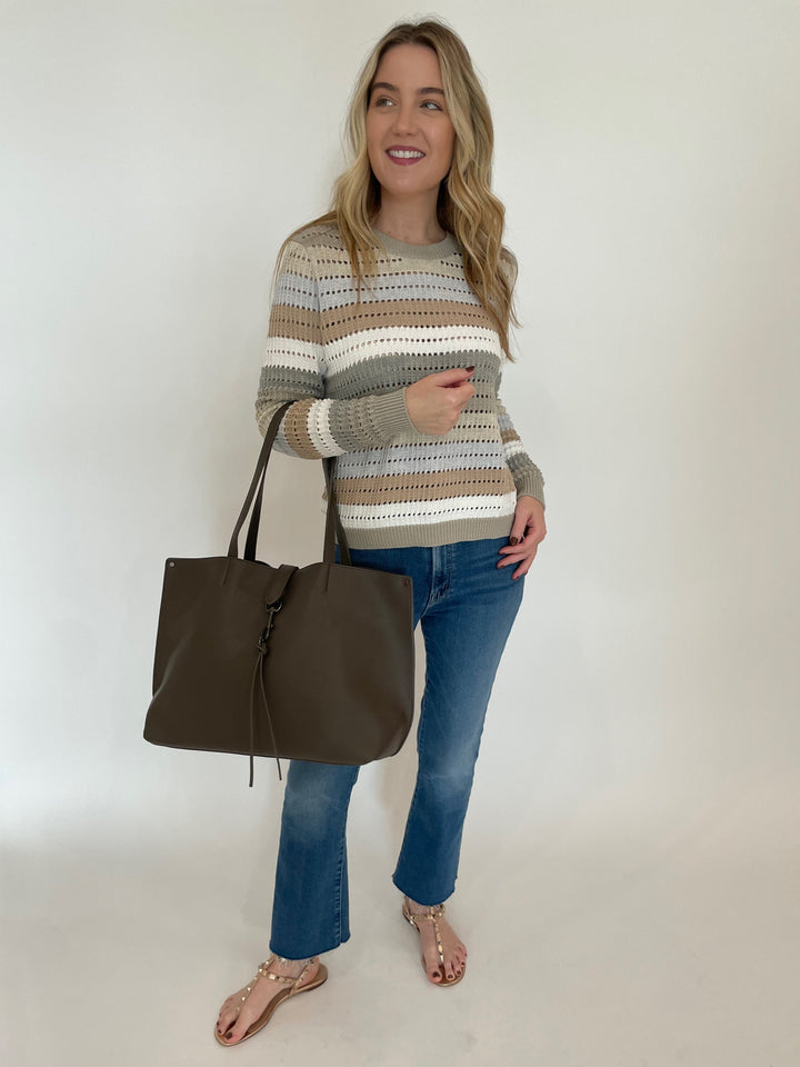 Autumn Cashmere Rainbow Pointelle Stripe Sweater in Neutral Multi paired with Mother The Hustler Ankle Fray Jeans in Grasping At Straws, BK London Tote Bag in Grey available at Barbara Katz