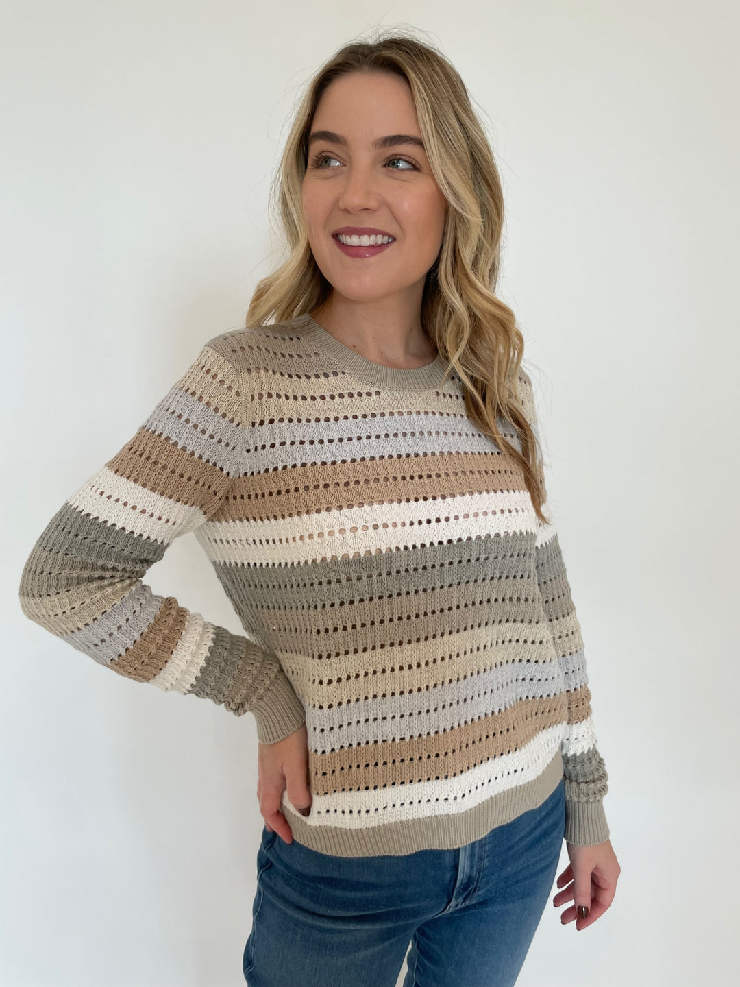 Autumn Cashmere Rainbow Pointelle Stripe Sweater in Neutral Multi available at Barbara Katz