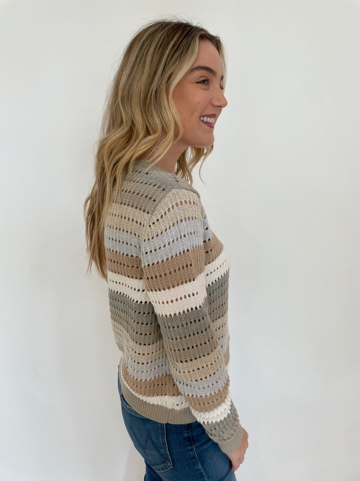 Autumn Cashmere Rainbow Pointelle Long Sleeve Stripe Sweater in Neutral Multi available at Barbara Katz