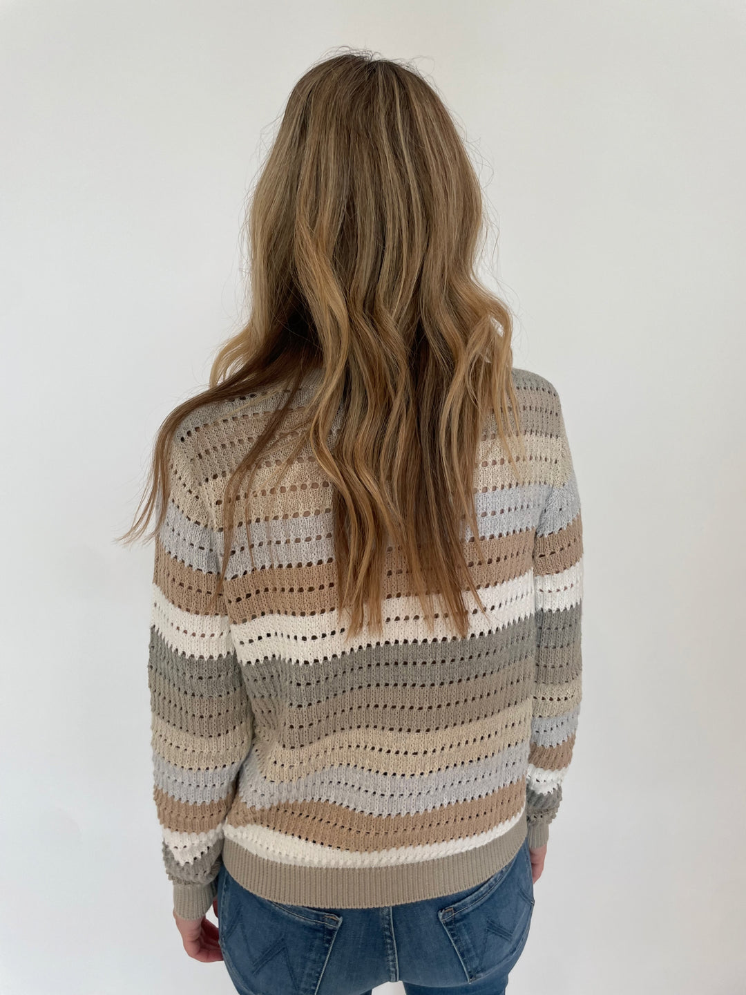 Autumn Cashmere Rainbow Pointelle Stripe Long Sleeve Sweater in Neutral Multi available at Barbara Katz