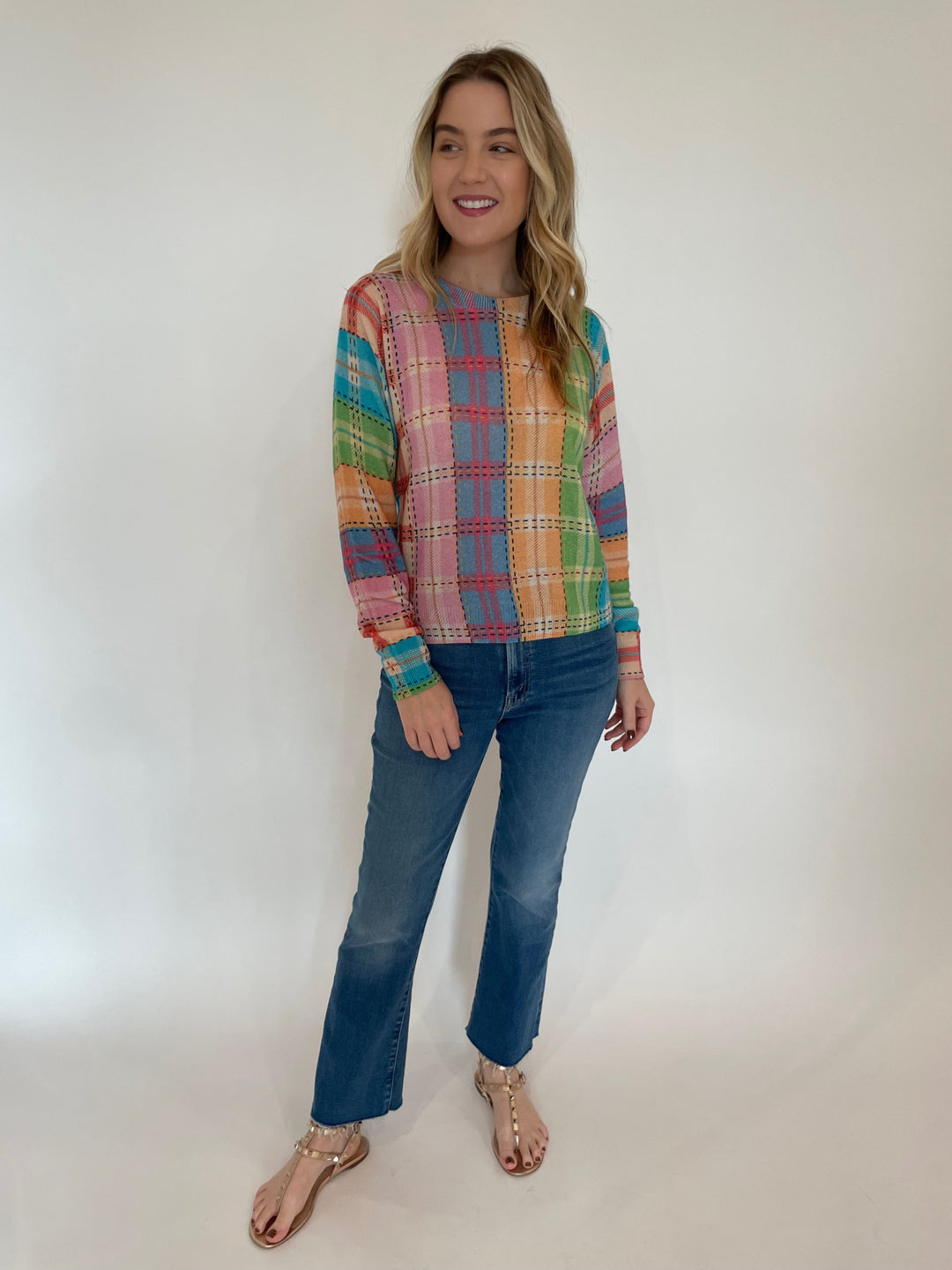 Autumn Cashmere Printed Plaid Crew Sweater in Pastel Multi paired with Mother The Hustler Ankle Fray Jeans in Grasping At Straws available at Barbara Katz