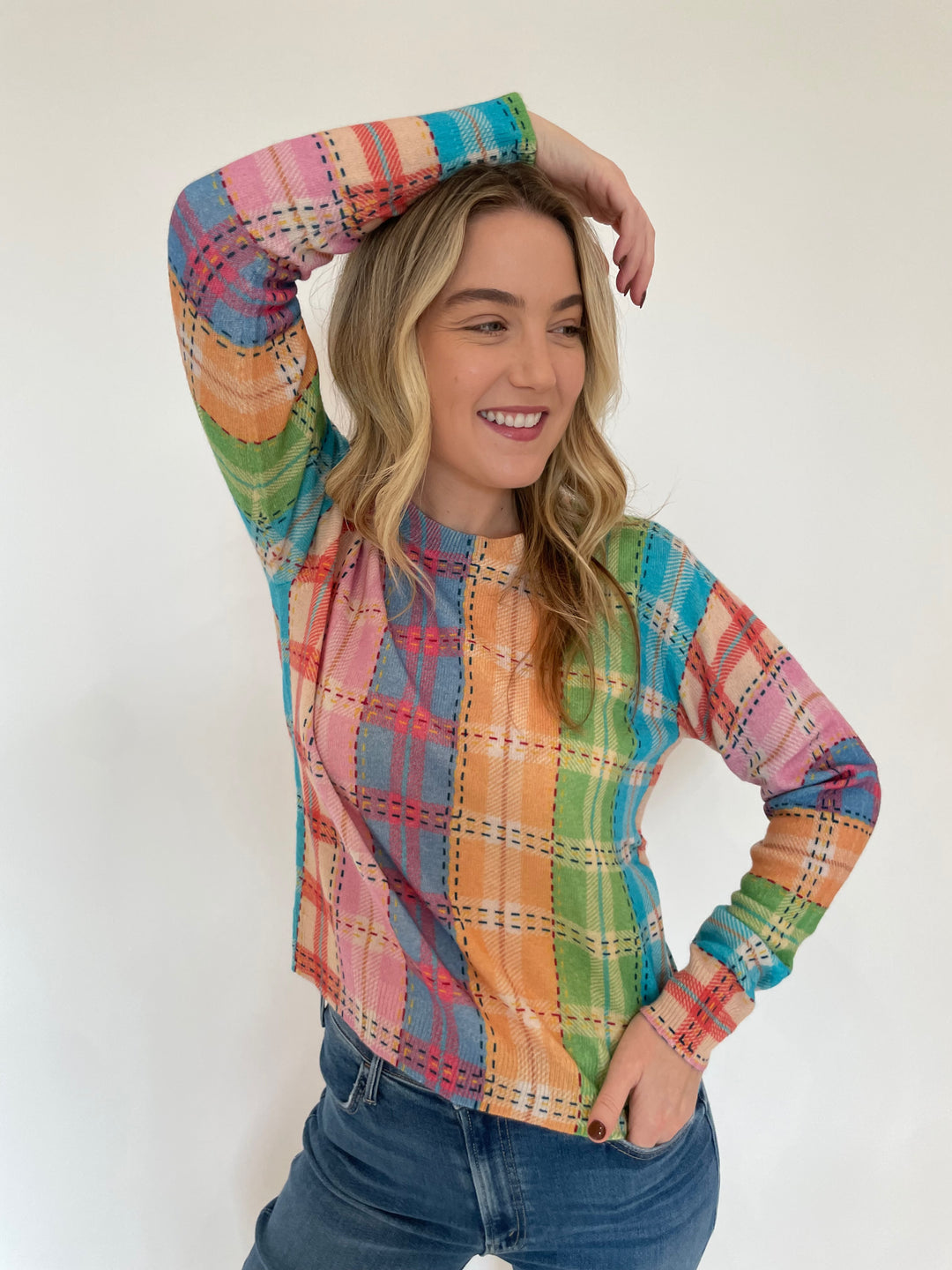 Autumn Cashmere Printed Plaid Crew Sweater in Pastel Multi available at Barbara Katz