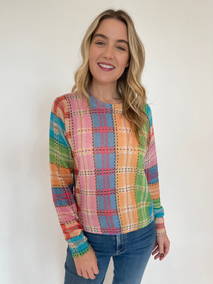 Autumn Cashmere Printed Plaid Crew Sweater in Pastel Multi available at Barbara Katz