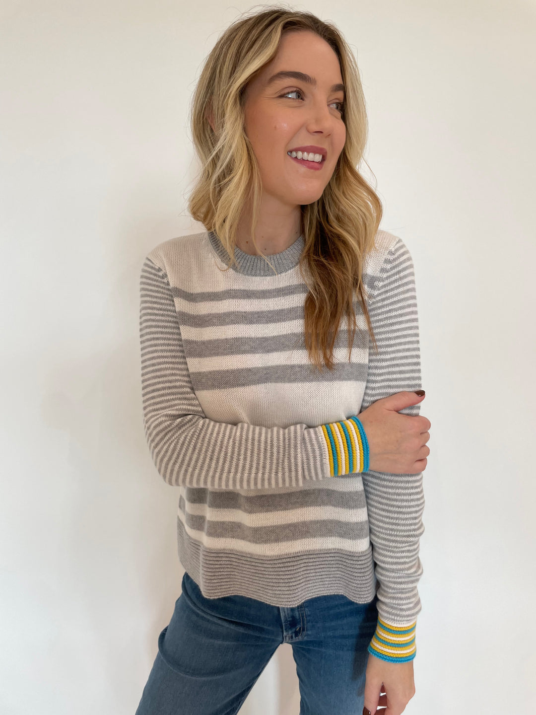 Autumn Cashmere Boxy Stripe Sweater With Tuck Stitch in Grey Combo available at Barbara Katz