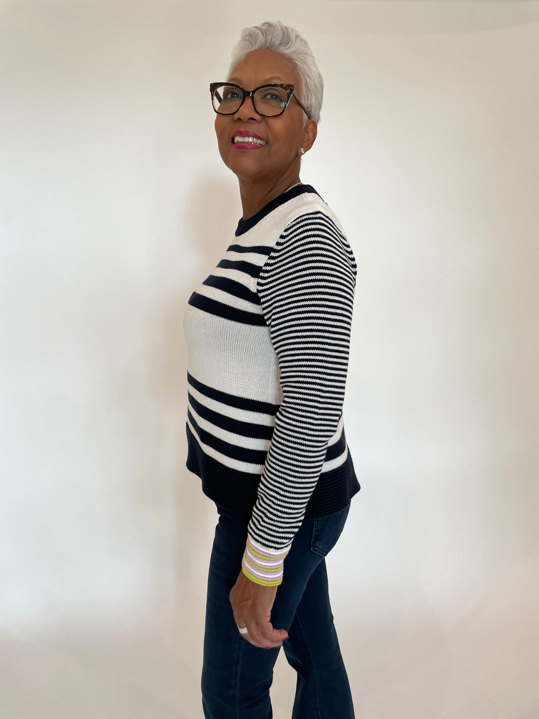 Autumn Cashmere Boxy Long Sleeve Stripe Sweater With Tuck Stitch in Navy Blue Combo available at Barbara Katz