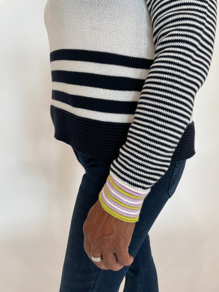 Autumn Cashmere Boxy Stripe Sweater With Tuck Stitch in Navy Blue Combo available at Barbara Katz