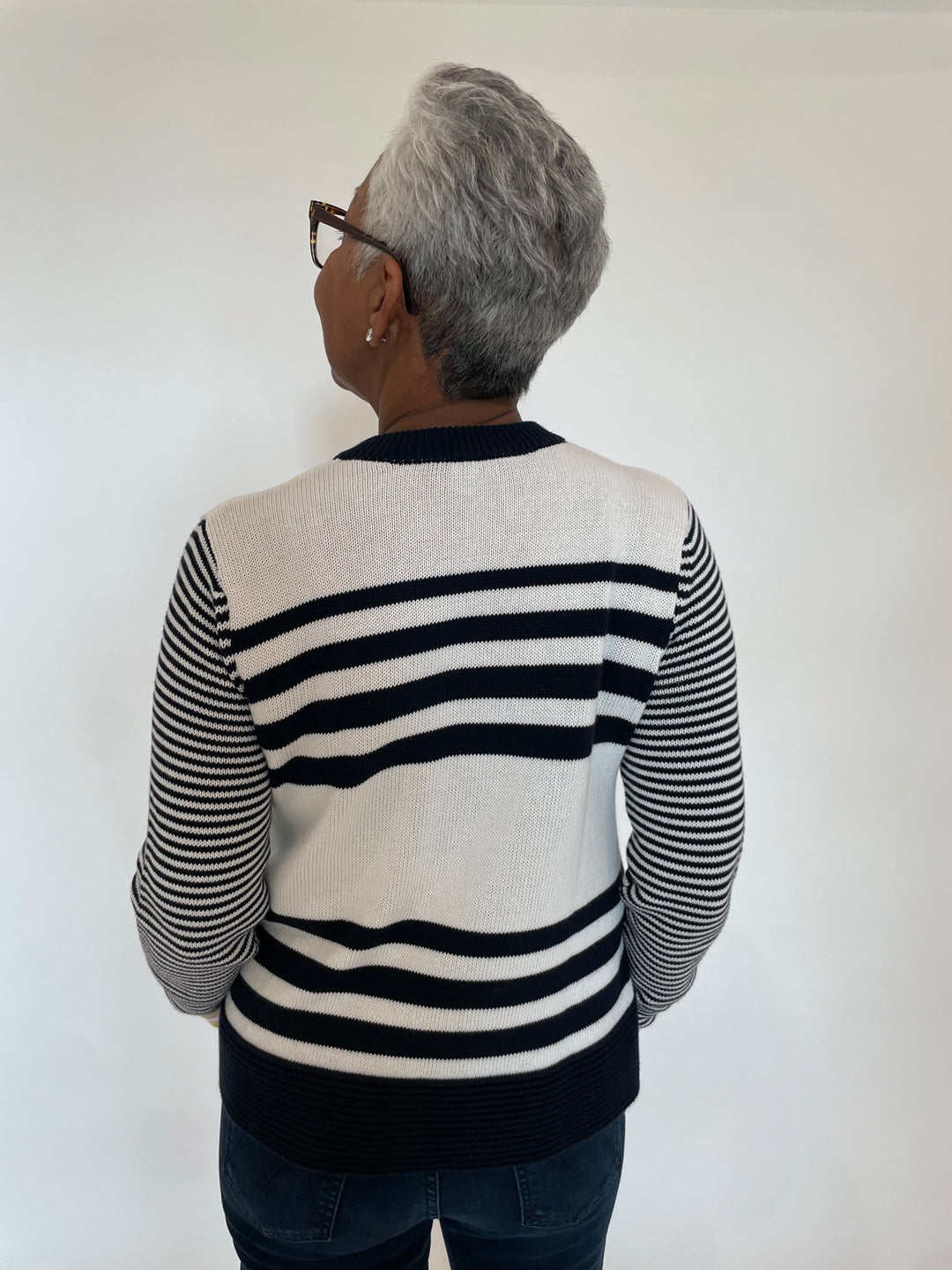 Autumn Cashmere Boxy Stripe Sweater With Tuck Stitch in Navy Blue Combo available at Barbara Katz