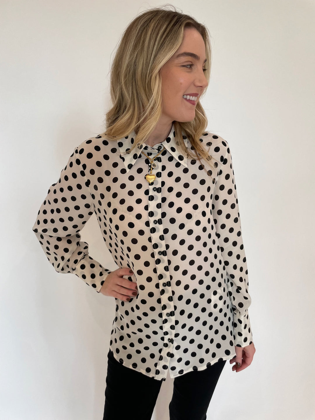 Marella Conio Crepe Blouse in White Spotted with Elizabeth Cole Jewelry Keira Necklace available at Barbara Katz