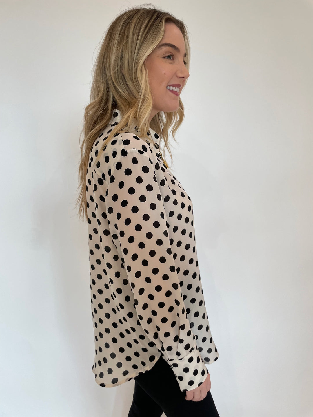 Marella Conio Crepe Long Sleeve Blouse in White Spotted available at Barbara Katz