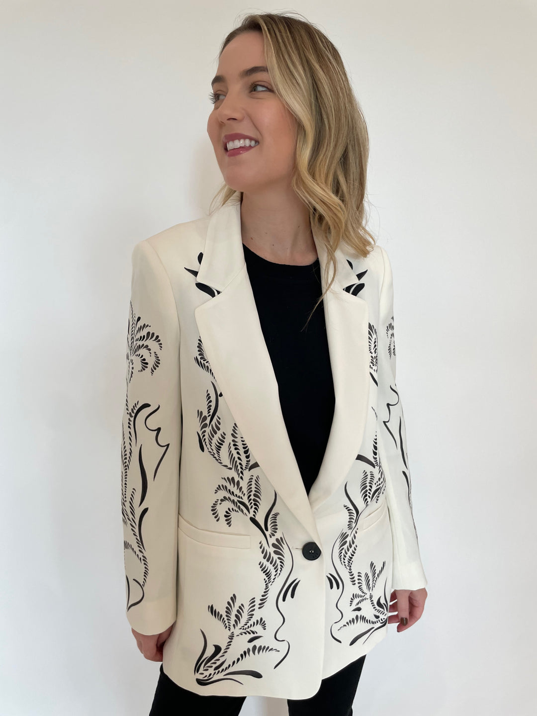 Marella Luciana Printed Satin Blazer in Wool White available at Barbara Katz