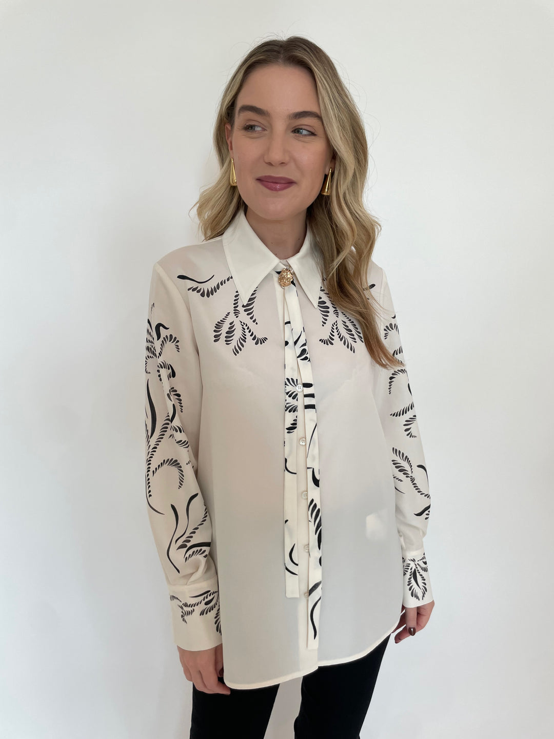 Marella Yacht Printed Satin Shirt in Wool White with BK Drop Long Post Earrings in Gold available at Barbara Katz