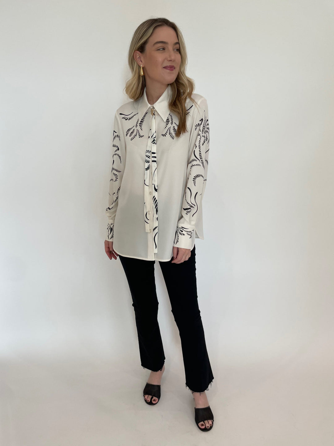 Marella Yacht Printed Satin Shirt in Wool White paired with Mother The Hustler Ankle Fray Jeans in Not Guilty, BK Drop Long Post Earrings in Gold available at Barbara Katz