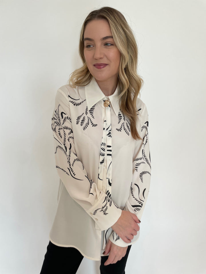 Marella Yacht Printed Satin Shirt in Wool White available at Barbara Katz