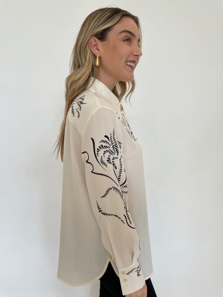 Marella Yacht Printed Satin Long Sleeve Shirt in Wool White with BK Drop Long Post Earrings in Gold available at Barbara Katz