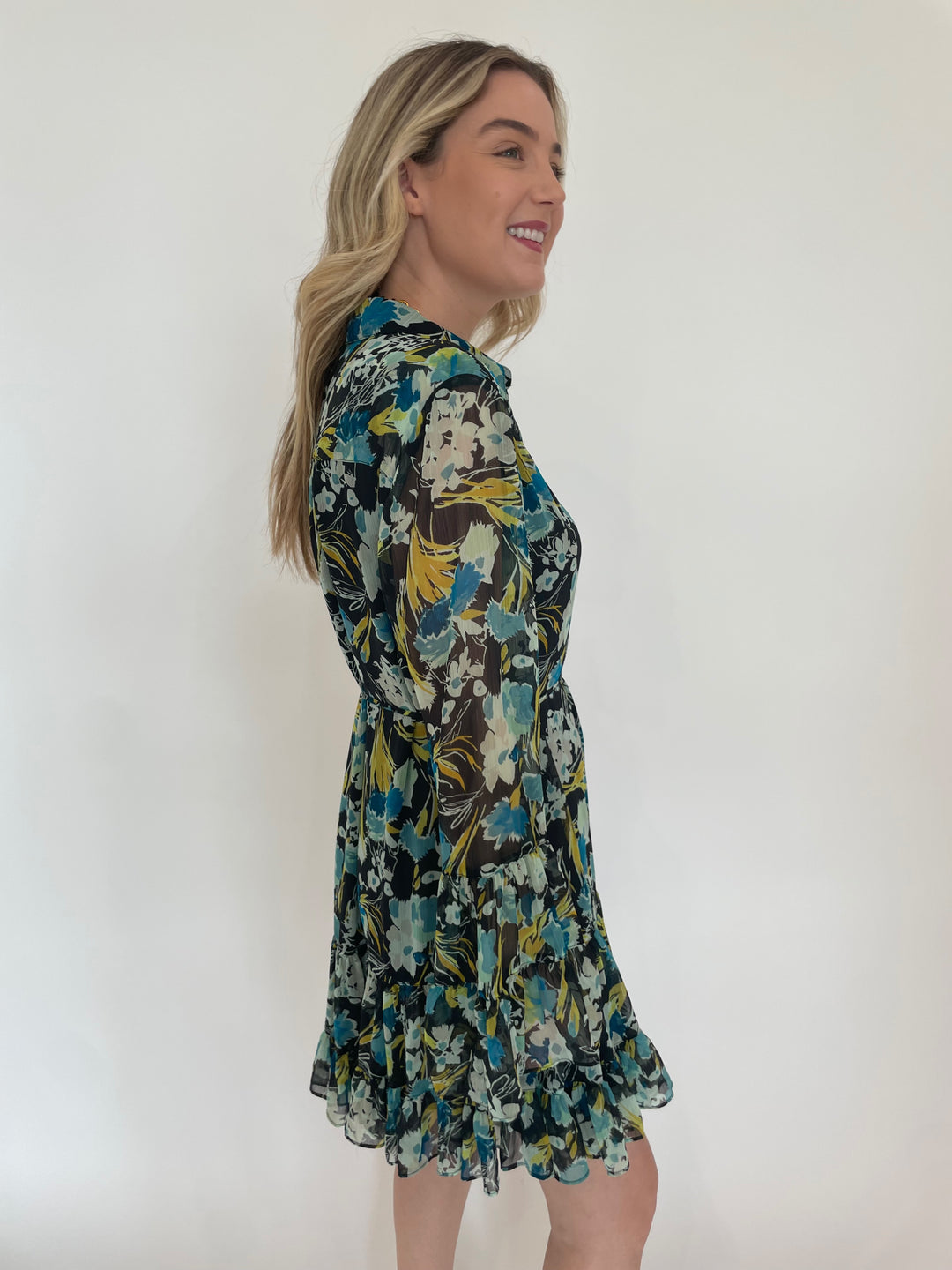 Cinq a Sept Lyra Tossed Floral Long Sleeve Dress in Obsidian Multi available at Barbara Katz