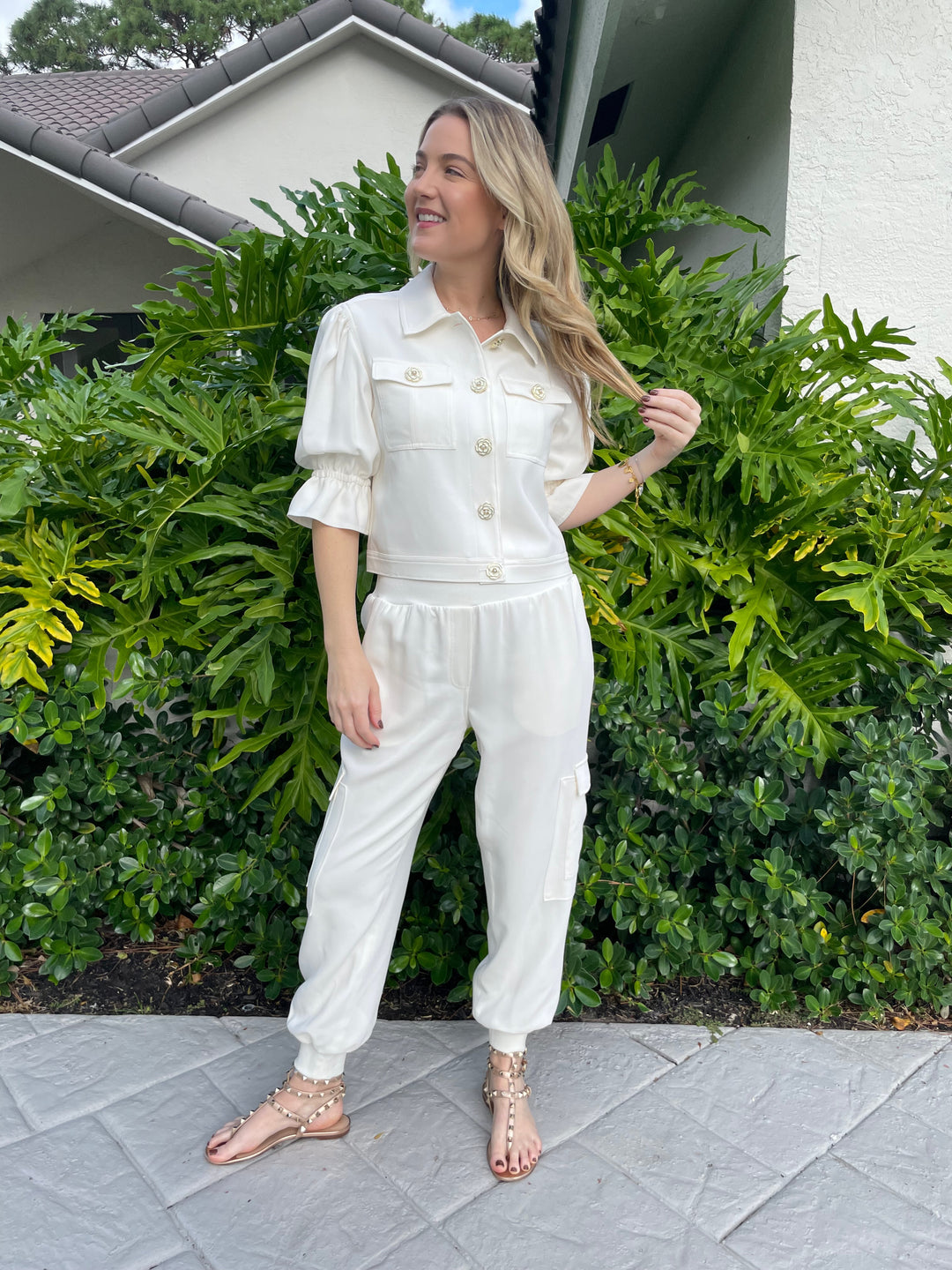 Cinq a Sept Crepe Giles Pants in Ivory paired with matching Julieta Jacket available at Barbara Katz