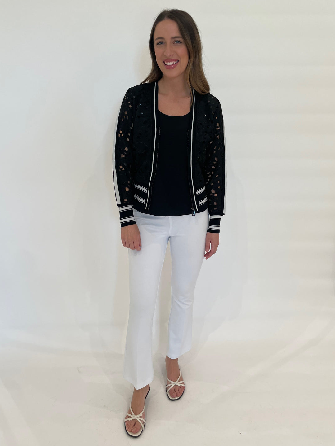 BK Rosemary Lace Lurex Cardigan in Black with Hinson Wu Scoop Tank Top underneath, paired with Lysse Ankle Denim Baby Bootcut Pants in White available at Barbara Katz