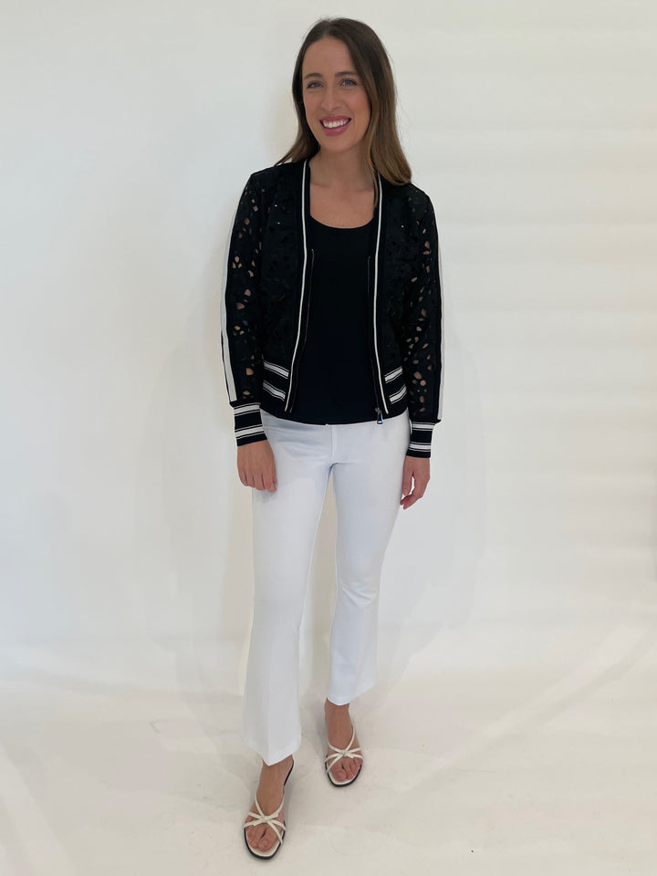 BK Rosemary Lace Lurex Cardigan in Black with Hinson Wu Scoop Tank Top underneath, paired with Lysse Ankle Denim Baby Bootcut Pants in White available at Barbara Katz