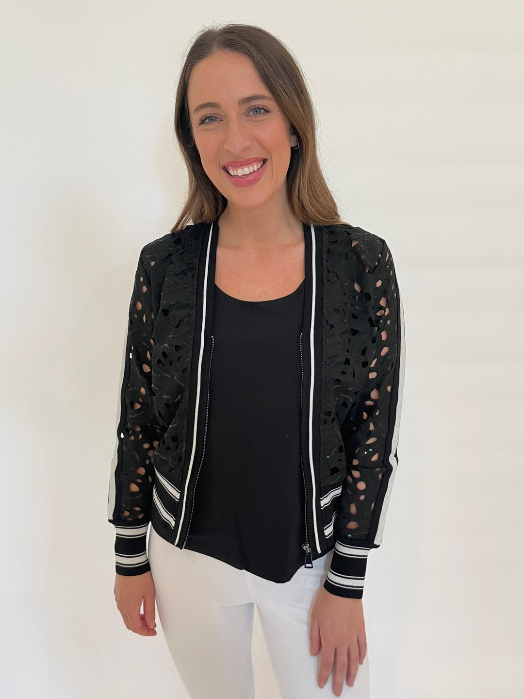 BK Rosemary Lace Lurex Cardigan in Black with Hinson Wu Sleeveless Scoop Tank Top in Black underneath available at Barbara Katz