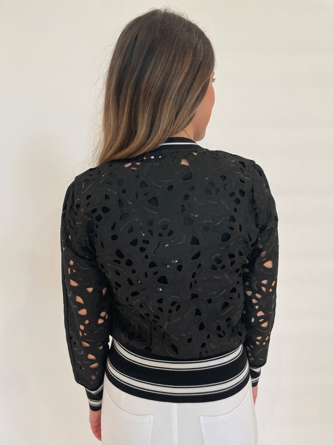 BK Rosemary Lace Lurex Cardigan in Black available at Barbara Katz