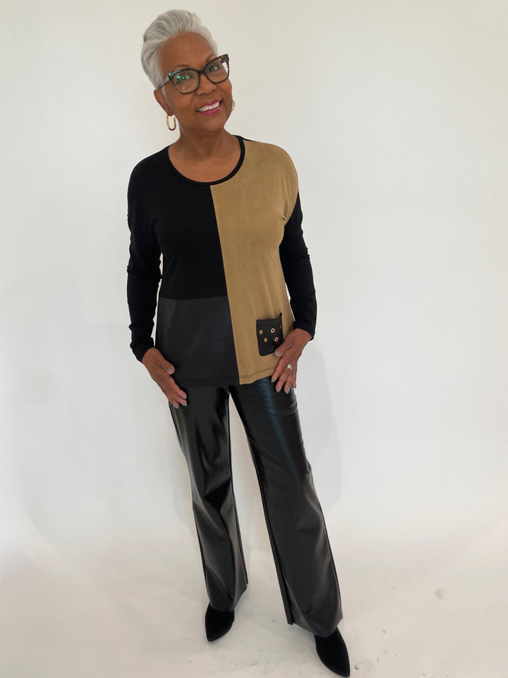 BK Milan Vegan Leather & Suede Grommet Pocket Top in Black/Sand paired with Lysse Wren Hi Waist Wide Leg Vegan Leather Pants in Black, Alexis Bittar Brut Tube Hoop Earrings in Gold available at Barbara Katz