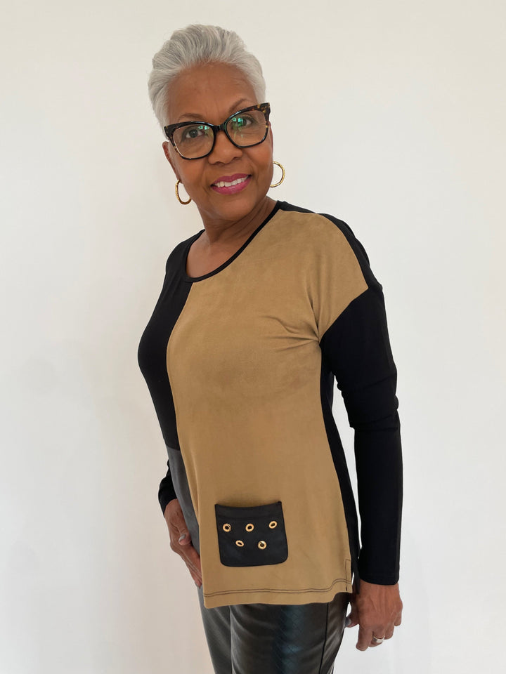 BK Milan Vegan Leather & Suede Grommet Pocket Top in Black/Sand available at Barbara Katz