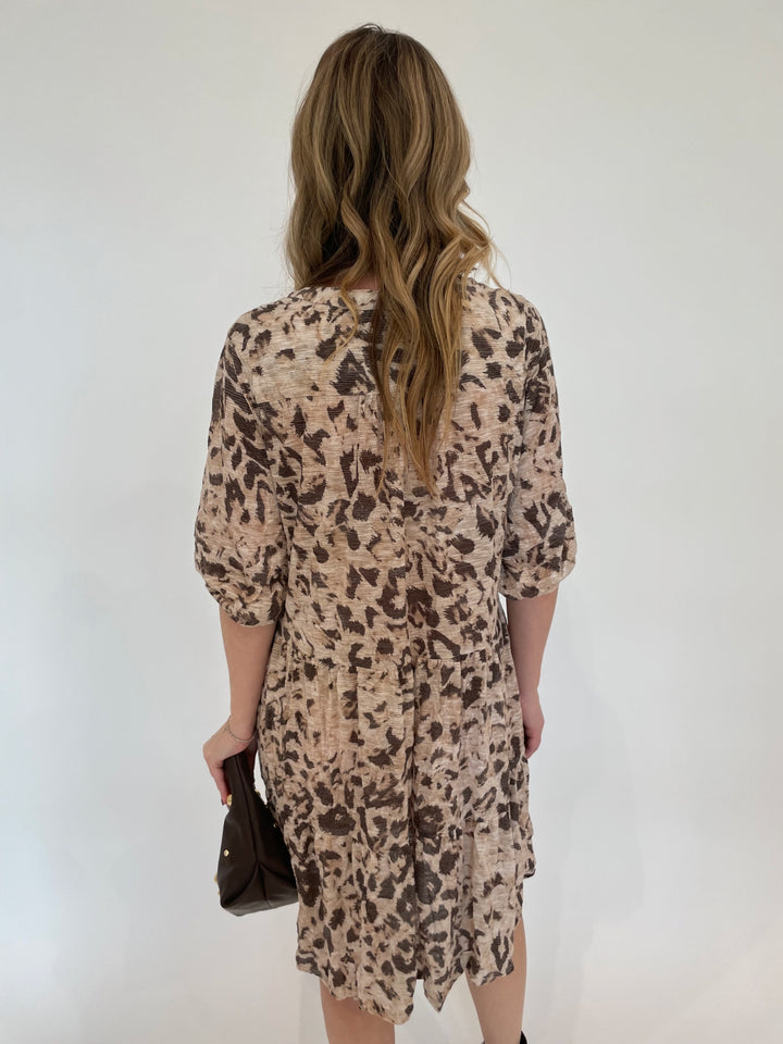 David Cline Savanna V-Neck Tiered Dress in Bone print with B-Low the Belt Georgette Clutch Moto Leather Bag in Chocolate Gold available at Barbara Katz