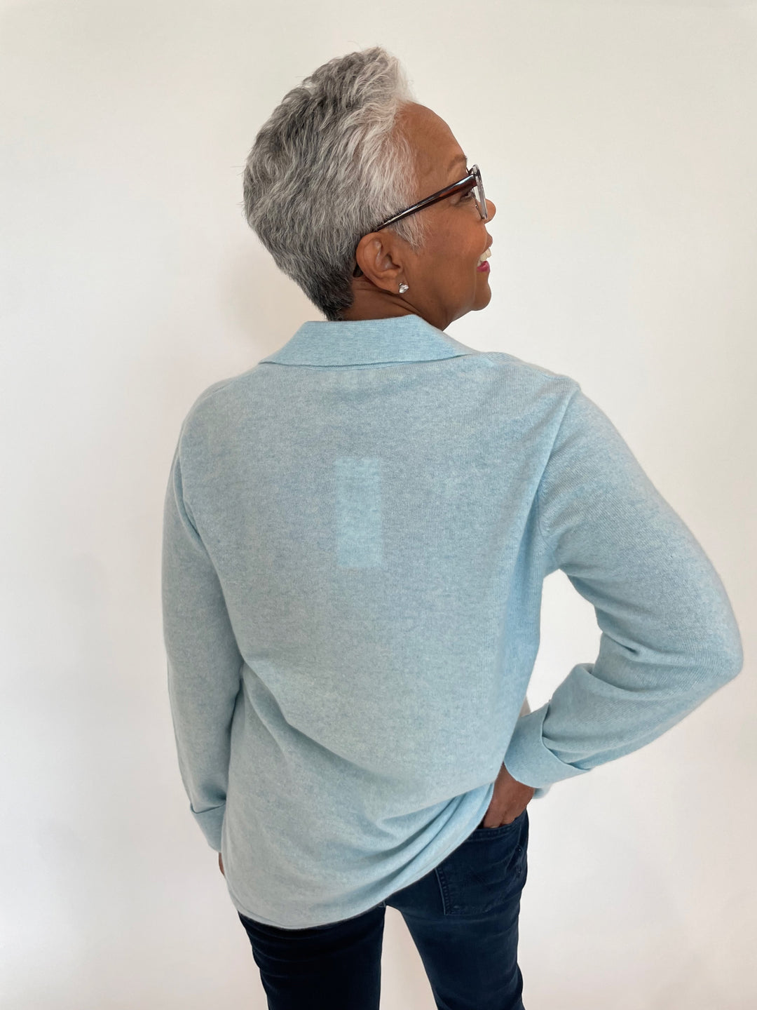 Kinross Easy Splitneck Polo Sweater in Surf available at Barbara Katz