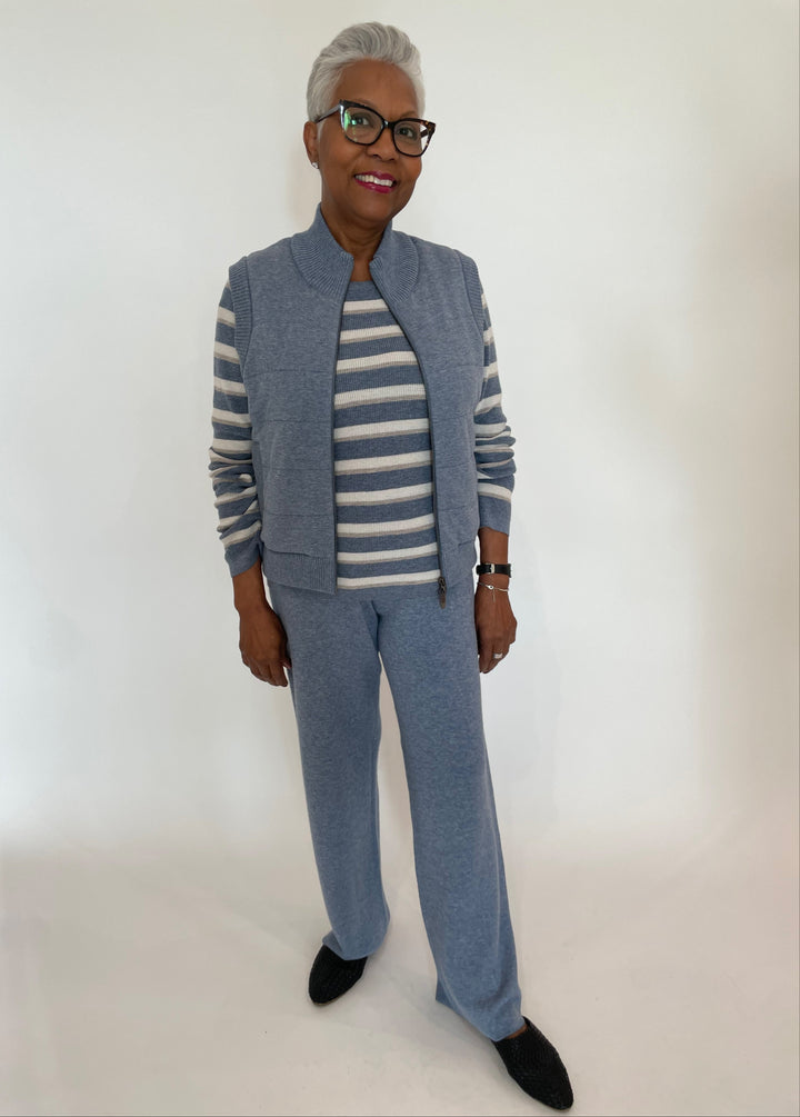 Kinross Quilted Zip Vest in Marlin with Marlin/Ecru/Pebble Thermal Stripe Crew Sweater underneath, paired with Marlin Double Knit Pants available at Barbara Katz