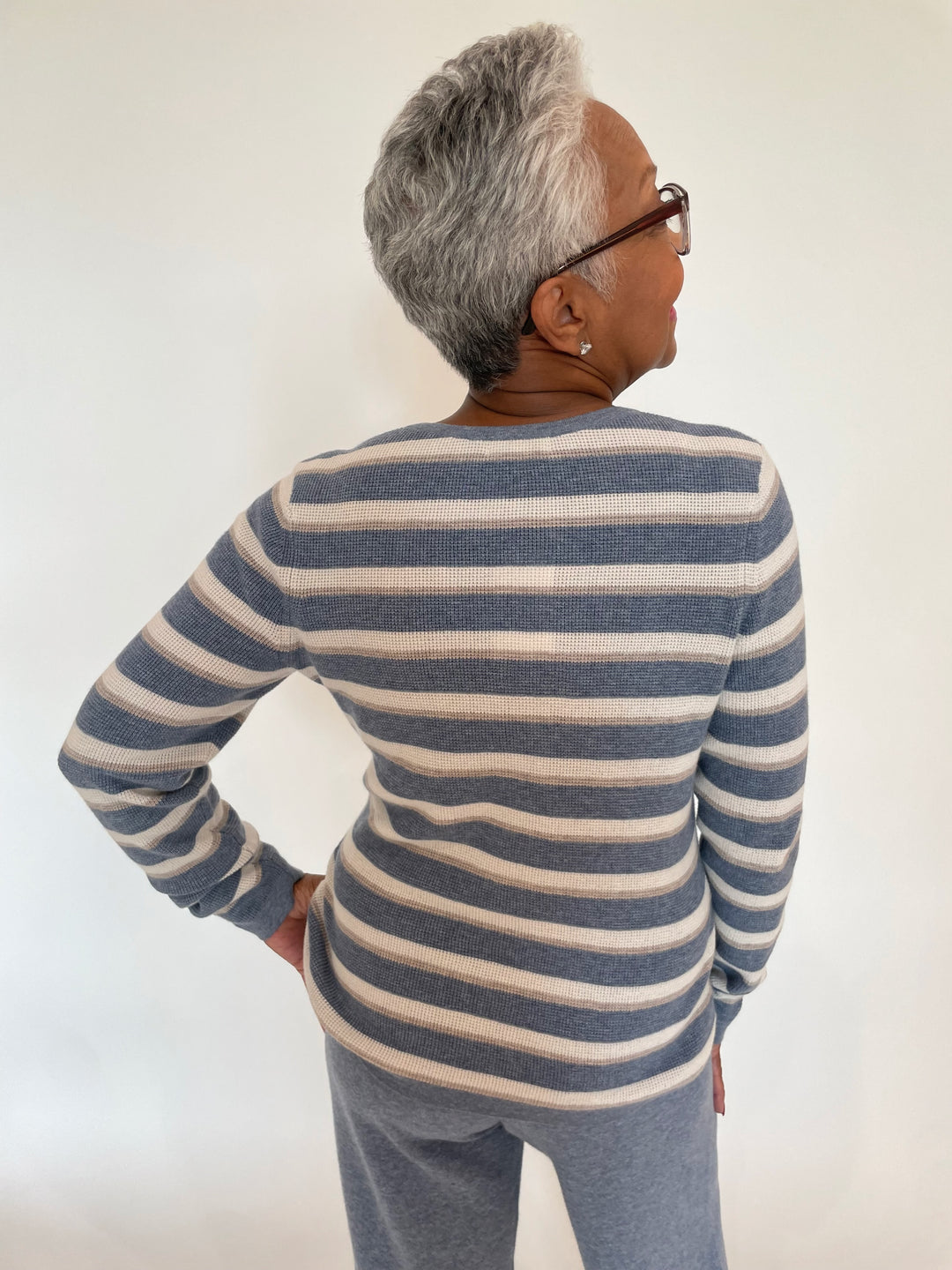 Kinross Thermal Stripe Long Sleeve Crew Sweater in Marlin/Ecru/Pebble available at Barbara Katz