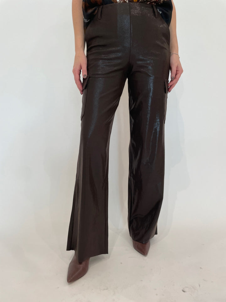 Lysse Callie Patent Foil Vegan Suede Cargo Pants in Liquid Mocha available at Barbara Katz