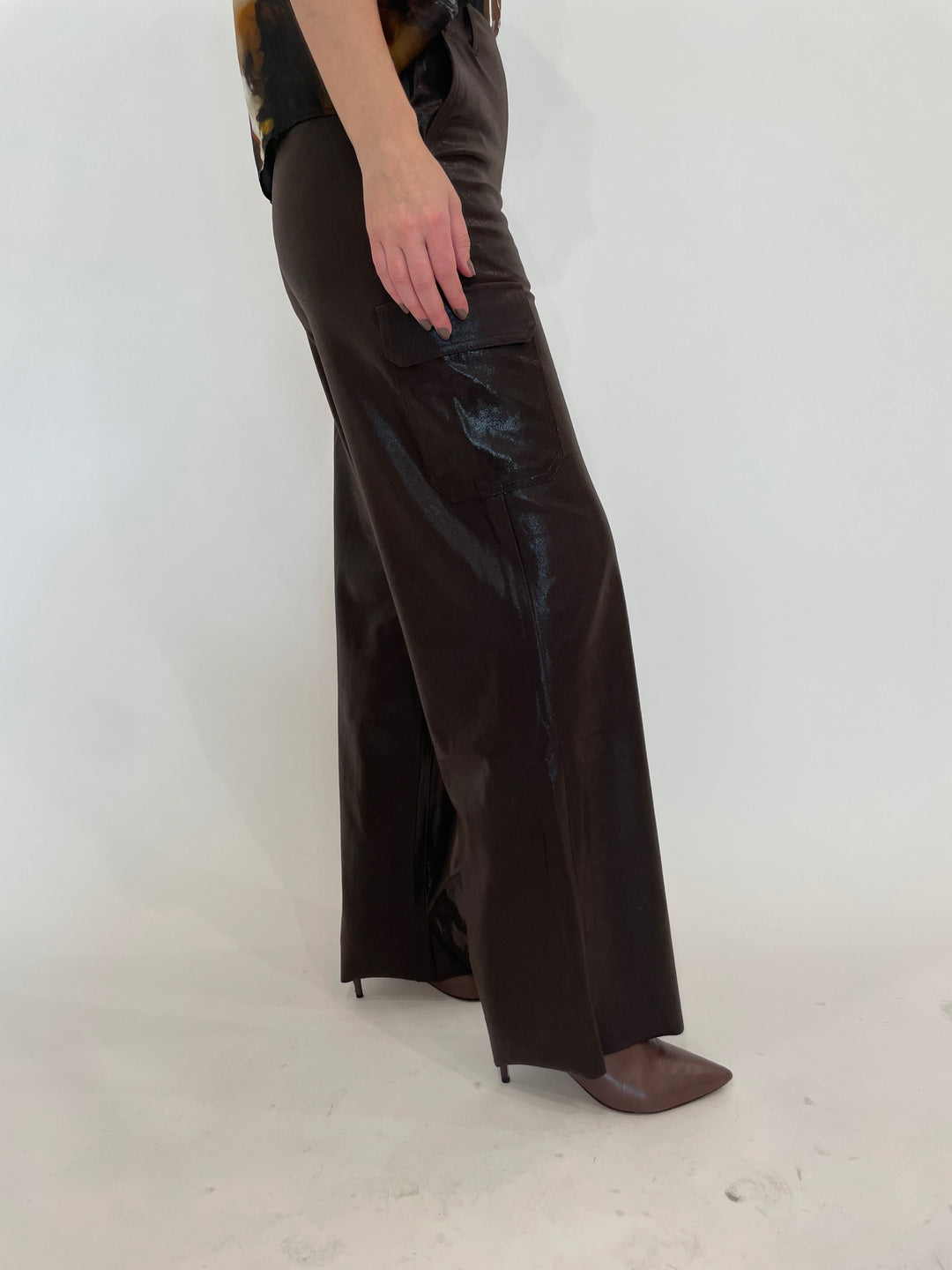 Lysse Callie Patent Foil Vegan Suede Cargo Pants in Liquid Mocha available at Barbara Katz